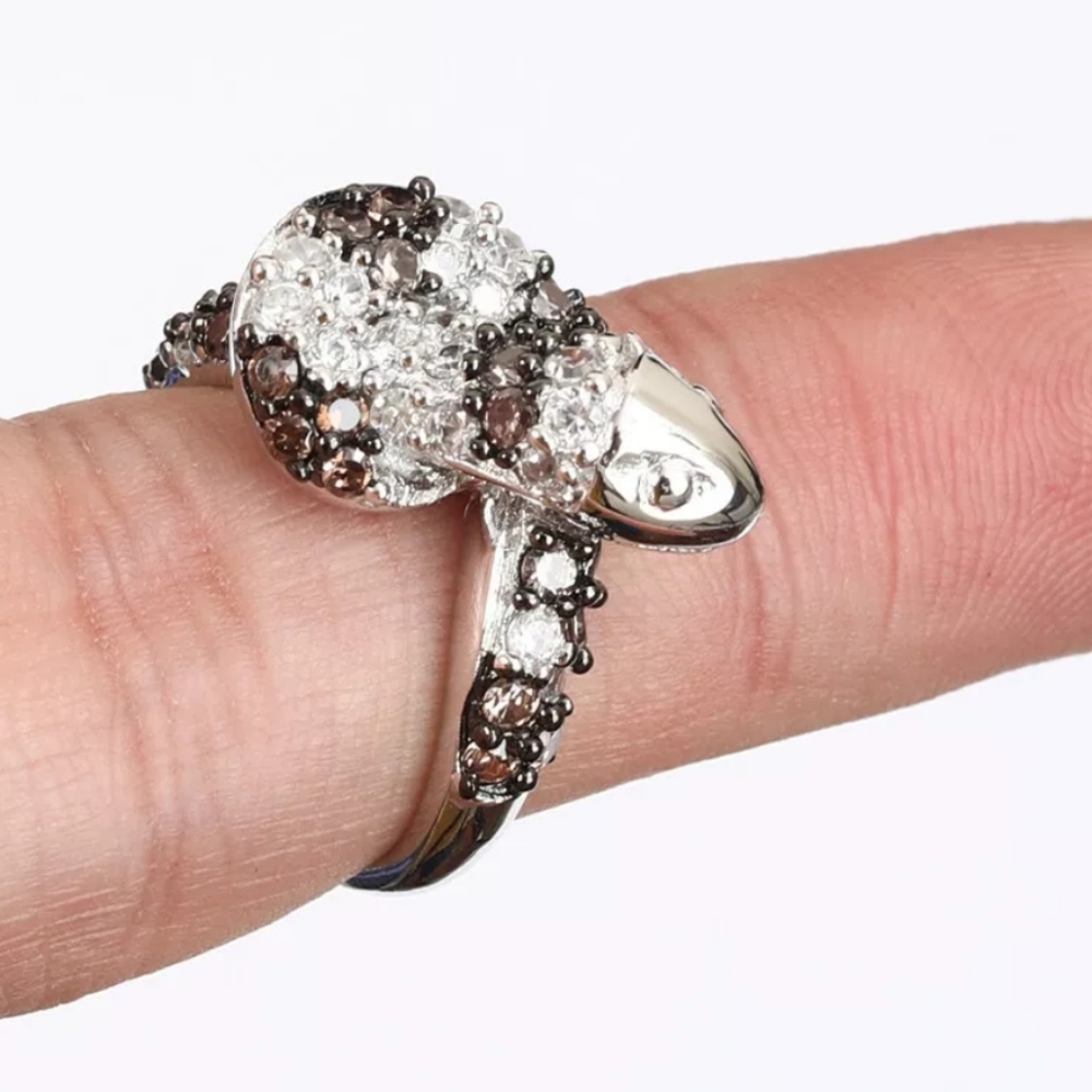 White & chocolate topaz coiled snake ring sz6